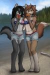  anthro bandeau bikini bottomwear breasts canid canine canis clothed clothing denim denim_clothing denim_shorts duo eating female food green_eyes hair hot_dog lake luna_(domovoi_lazaroth) mammal outside seff seff_(character) short_shorts shorts stars_and_stripes string_bikini swimwear teenager united_states_of_america water wolf young 