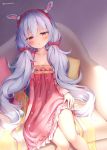  1girl :o animal_ears azur_lane bangs blush bow bunny_ears chinese_clothes couch dress eyebrows_visible_through_hair fan flower frilled_dress frills full_body hair_between_eyes hair_bow hairband hanfu holding holding_fan in_tree laffey_(azur_lane) laffey_(new_year_rabbit)_(azur_lane) long_hair long_sleeves low_twintails paper_fan parted_lips red_bow red_dress red_eyes red_flower red_hairband see-through see-through_sleeves silver_hair sitting suya2mori2 tree twintails very_long_hair 