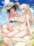  2girls atago_(kantai_collection) bangs beach bikini black_hair blonde_hair blush braid breasts cloud day eating eyebrows_visible_through_hair fern fingernails food hat hayakawa_akari highres innertube kantai_collection large_breasts long_hair mouth_hold multiple_girls outdoors ponytail popsicle short_hair side-tie_bikini sitting sky sun_hat swimsuit takao_(kantai_collection) tongue tongue_out water 