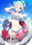  1girl 1other ;d bikini black_ribbon blue_hair blue_sky cloud cowboy_shot dixie_cup_hat double_bun eyewear_on_head fang hat innertube kantai_collection little_blue_whale_(kantai_collection) looking_at_viewer machinery military_hat mofu_namako one_eye_closed open_mouth ribbon samuel_b._roberts_(kantai_collection) short_hair sky smile standing striped striped_bikini sunglasses swimsuit whale white_headwear yellow_eyes 