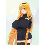  1girl black_legwear blonde_hair blush braid breast_suppress breasts cowboy_shot end_breaker! green_eyes hairband heart huge_breasts long_hair long_sleeves looking_at_viewer official_art ribbed_sweater ryoji_(nomura_ryouji) smile solo sweater thighhighs turtleneck twin_braids very_long_hair 