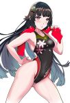  1girl aiuchi black_hair black_swimsuit blush breasts collarbone competition_swimsuit covered_navel cowboy_shot eyebrows_visible_through_hair girls_frontline highleg highleg_swimsuit highres long_hair looking_at_viewer one-piece_swimsuit red_eyes red_towel simple_background small_breasts solo standing swimsuit type_100_(girls_frontline) white_background 