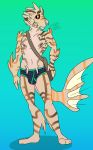  2019 absurd_res anthro armpit_hair black_scalera clothed clothing digital_media_(artwork) fin fish gills hi_res lionfish looking_at_viewer male marine nipples piercing simple_background smile solo standing stripes sylvanedadeer underwear 