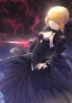  1girl absurdres artoria_pendragon_(all) bangs black_choker black_dress blonde_hair braid breasts choker cleavage closed_mouth commentary_request dark_excalibur dress expressionless eyebrows_visible_through_hair fate/stay_night fate_(series) floating_hair french_braid gothic_lolita hair_between_eyes highres holding holding_sword holding_weapon itaco1987 juliet_sleeves lolita_fashion long_dress long_sleeves looking_at_viewer puffy_sleeves saber_alter short_hair sidelocks small_breasts solo standing sword weapon wide_sleeves wind yellow_eyes 