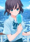  amamiya_chiharu black_hair blue_eyes blue_shirt blue_sky breasts cloud collarbone food medium_breasts ocean original popsicle school_uniform shirt short_hair short_sleeves sky 