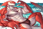  anthro bulge clothed clothing fish male marine muscular muscular_male no_pupils pecs rabbity red_body shark smile solo topless underwear 