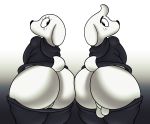  anthro backsack balls big_butt butt canid canine canis clothed clothing dogamy dogaressa domestic_dog duo female hi_res looking_back male mammal pussy simple_background thick_thighs undertale video_games vun 