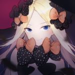  1girl abigail_williams_(fate/grand_order) bangs black_bow blonde_hair blue_eyes blurry_foreground bow closed_mouth eyebrows_visible_through_hair fate/grand_order fate_(series) floating_hair hair_bow highres long_hair looking_at_viewer multiple_hair_bows orange_bow parted_bangs polka_dot polka_dot_bow portrait slyvia smile solo 