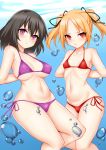  2girls bangs bare_shoulders bikini black_hair black_ribbon blonde_hair breasts bubble collarbone commentary_request eyebrows_visible_through_hair hair_between_eyes hair_ribbon large_breasts looking_at_viewer multiple_girls navel original parted_bangs purple_bikini purple_hair red_bikini red_eyes ribbon short_hair small_breasts swimsuit toshishikisai underwater 