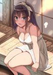  1girl :d arm_support bangs bare_arms bare_shoulders blue_eyes blush breasts brown_hair cleavage commentary_request day dress eyebrows_visible_through_hair feet_out_of_frame hair_between_eyes hair_ribbon hairband kureha_(ironika) long_hair looking_at_viewer medium_breasts open_mouth original outdoors ribbon sleeveless sleeveless_dress smile solo veranda white_dress white_hairband white_ribbon 