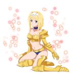  1girl alice_schuberg armor armored_boots bangs bikini_armor blonde_hair blue_bikini_bottom blue_eyes blush boots breasts choker cleavage collarbone full_body gauntlets groin hair_intakes hairband highres knee_boots long_hair medium_breasts midriff navel official_art parted_lips ponytail shoulder_armor sidelocks solo sparkle spaulders stomach strapless sword_art_online transparent_background very_long_hair white_hairband yellow_footwear 