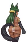  1girl animal_ear_fluff animal_ears anubis_(monster_girl_encyclopedia) ass bright_pupils dark-skinned_female dark_skin from_behind fur gold green_hair highres long_hair looking_back mole mole_on_ass monster_girl_encyclopedia nav pelvic_curtain red_eyes simple_background solo tail thick_thighs thigh_strap thighs white_background wolf_ears wolf_girl wolf_tail 
