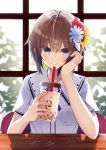  1girl arm_support bangs blue_eyes blue_flower blush brown_hair bubble_tea collared_shirt commentary_request cup disposable_cup dress_shirt drinking_straw eyebrows_visible_through_hair flower green_hair hair_between_eyes hair_flower hair_ornament hand_up highres holding holding_cup kavka looking_at_viewer multicolored_hair original parted_lips red_flower school_uniform shirt short_sleeves smile solo two-tone_hair upper_body white_shirt window yellow_flower 
