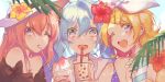  3girls bare_shoulders blonde_hair blue_eyes blue_hair blush bow bubble_tea commentary cup day disposable_cup drinking_straw flower hair_bow hair_flower hair_ornament hairclip hat hat_flower hatsune_miku hibiscus holding holding_cup kagamine_rin looking_at_viewer megurine_luka multiple_girls nail_polish one_eye_closed open_mouth outdoors palm_leaf pink_hair saihate_(d3) shaved_ice shoulder_blush smile spoon spoon_in_mouth straight_hair sun_hat twintails upper_body very_long_sleeves vocaloid white_bow 