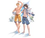  2boys ;d abs adonis_belt alpha_transparency arm_up barefoot belt black_hair blonde_hair blue_sky granblue_fantasy jacket lancelot_(granblue_fantasy) looking_at_viewer male_focus male_swimwear minaba_hideo mullet multiple_boys no_nipples official_art one_eye_closed open_mouth outstretched_hand palm_tree parted_lips sky smile swim_trunks swimwear transparent_background tree vane_(granblue_fantasy) volleyball white_jacket 