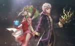  1boy 1girl artist_name azto_dio black_gloves black_robe brown_eyes cape circlet couple dated dress electricity english_commentary fire_emblem fire_emblem:_mystery_of_the_emblem fire_emblem_awakening fire_emblem_heroes gem gloves green_eyes green_hair hair_ornament hair_ribbon highres holding_hands hood hood_down hooded_robe long_hair looking_at_viewer magic mamkute pink_cape pink_dress pointy_ears ponytail red_dress red_gloves red_ribbon ribbon robe robin_(fire_emblem) robin_(fire_emblem)_(male) short_dress side_slit strapless strapless_dress tiara tiki_(fire_emblem) white_hair 