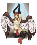  2019 accelo anthro brown_feathers brown_hair clothing digital_media_(artwork) feathered_wings feathers felid hair hybrid kneeling lion loincloth male mammal pantherine smile solo white_feathers wings yellow_eyes 