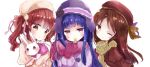  3girls :o ;) animal bangs beanie beret blue_hair blush brown_dress brown_eyes brown_hair brown_headwear bunny closed_mouth commentary_request dress eyebrows_visible_through_hair fringe_trim hat heart highres holding holding_animal idolmaster idolmaster_cinderella_girls juliet_sleeves long_hair long_sleeves looking_at_viewer multiple_girls ogata_chieri one_eye_closed parted_lips puffy_short_sleeves puffy_sleeves purple_coat purple_eyes purple_headwear purple_scarf sajou_yukimi scarf short_eyebrows short_over_long_sleeves short_sleeves simple_background smile star tachibana_arisu thick_eyebrows tsukiyo_(skymint) twintails upper_body white_background 