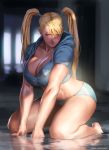  1girl barefoot blonde_hair blue_eyes blush breasts casual cleavage crop_top curvy dappled_sunlight full_body hood hood_down huge_breasts kneeling long_hair looking_to_the_side midriff no_mask rainbow_mika rejean_dubois solo street_fighter street_fighter_v sunlight sweat thick_thighs thighs twintails v_arms water 