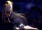  1girl abigail_williams_(fate/grand_order) absurdres bangs black_bow black_dress black_footwear black_headwear blonde_hair blue_eyes bow closed_mouth dress fate/grand_order fate_(series) hair_bow hat highres holding holding_stuffed_animal long_hair mary_janes multiple_hair_bows night night_sky orange_bow parted_bangs pazuu_(mari-longu) shoes short_dress shorts shorts_under_dress sky solo star_(sky) starry_sky stuffed_animal stuffed_toy teddy_bear very_long_hair white_shorts 