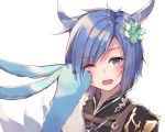  1girl animal_ears blue_eyes blue_hair carbuncle_(final_fantasy) cat_ears creature eyebrows_visible_through_hair facial_mark final_fantasy final_fantasy_xiv flower green_flower hair_flower hair_ornament licking looking_at_viewer miqo&#039;te open_mouth short_hair simple_background slit_pupils tongue tongue_out tota_(sizukurubiks) upper_body white_background 