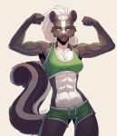 2019 5_fingers abs amber_eyes anthro biceps bottomwear bra breasts cheek_tuft clothing collarbone eyebrows female fingers fist flexing hair half-closed_eyes hi_res inner_ear_fluff looking_at_viewer mammal mephitid muscular muscular_female navel necroizu pink_nose shorts signature simple_background skunk smile solo sonya_mayers sports_bra tuft underwear white_eyebrows white_hair 