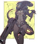  1girl alien_(movie) arm_cannon armor borrowed_design breasts center_opening cleavage commentary commission crossover english_commentary helmet huge_weapon lips medium_breasts navel personification rejean_dubois science_fiction solo tail thunder_hoop_2:_th_strikes_back twitter_username weapon white_hair xenomorph zoom_layer 