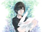  1boy animal animal_ears black_hair carbuncle_(final_fantasy) commentary_request final_fantasy final_fantasy_xv highres looking_at_viewer noctis_lucis_caelum open_mouth pointy_ears smile tail 