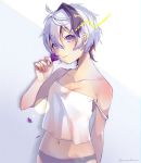  1girl :3 bare_shoulders camisole collarbone commentary flower flower_(vocaloid) head_tilt holding holding_flower looking_at_viewer midriff multicolored_hair navel nou panties petals purple_eyes purple_flower purple_hair short_hair shoulder_blush smelling_flower smile solo streaked_hair underwear upper_body v_flower_(vocaloid4) vocaloid white_hair 