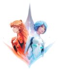  1other 2girls ayanami_rei bangs blue_hair bodysuit breasts hairpods lips long_hair multiple_girls neon_genesis_evangelion orange_hair plugsuit red_bodysuit red_eyes ross_tran shikinami_asuka_langley short_hair signature small_breasts souryuu_asuka_langley swept_bangs upper_body white_bodysuit 