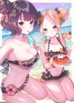  2girls abigail_williams_(fate/grand_order) bad_id bikini bikini_skirt black_bow black_hair blonde_hair bow breasts cleavage collarbone commentary_request eyebrows_visible_through_hair fate/grand_order fate_(series) flower food hair_bun hair_ornament holding innertube katsushika_hokusai_(fate/grand_order) large_breasts long-hair long_hair multiple_girls octopus orang_bow short_hair small_breasts strapless strapless_bikini suzuho_hotaru swimsuit 