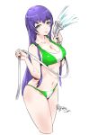  1girl :p artist_name bangs bare_arms bare_shoulders bikini blue_eyes breasts busujima_saeko cleavage closed_mouth collarbone cropped_legs eyebrows_visible_through_hair green_bikini highschool_of_the_dead holding hose large_breasts long_hair navel purple_hair relaxjon signature simple_background skindentation smile solo stomach straight_hair sweat swimsuit thighs tongue tongue_out very_long_hair water wet white_background 