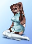  anthro bourbon._(artist) clothed clothing female giant_panda hair kneeling legwear mammal nipple_outline simple_background solo thigh_highs ursid wide_hips 