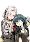  2girls absurdres artist_request blue_hair blush byleth_(female) closed_eyes edelgard_von_hresvelgr_(fire_emblem) fire_emblem fire_emblem:_three_houses gloves hair_ornament hand_in_another&#039;s_hair highres long_hair multiple_girls purple_eyes short_hair simple_background uniform upper_body yuri 