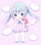  &gt;_&lt; 1girl :d angora_rabbit animal backpack bag bag_charm bangs bikini blue_bow blue_footwear blue_hair bow bunny charm_(object) chibi closed_eyes collared_dress commentary_request dress eyebrows_visible_through_hair gochuumon_wa_usagi_desu_ka? green_eyes hair_between_eyes hair_bow hair_ornament hands_up holding_strap kafuu_chino long_hair open_mouth pink_background puffy_short_sleeves puffy_sleeves purple_bikini purple_dress randoseru rin_(fuwarin) shoes short_sleeves smile standing swimsuit thighhighs tippy_(gochiusa) twintails very_long_hair white_legwear x_hair_ornament xd 