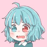  1girl absurdres aqua_eyes aqua_hair aqua_shirt blush collared_shirt heterochromia highres open_mouth pink_background red_eyes salt_(seasoning) shirt short_hair simple_background solo tagme tatara_kogasa touhou 