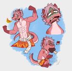  2019 alternate_species anthro breath_powers chibi crocdragon89 dragon eating fairy_tail fire fire_breathing food furrification hair male meat muscular natsu_dragneel open_mouth pecs pink_hair scalie smile solo toony 