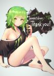 1girl absurdres arm_support bangs bare_legs barefoot black_shirt breasts cleavage closed_mouth collarbone commentary_request eyebrows_visible_through_hair green_eyes green_hair grey_background highres holding itaco1987 knee_up logo long_hair looking_at_viewer medium_breasts mole monster_energy monster_energy-chan no_bra no_pants number off_shoulder original oversized_clothes panties pantyshot pantyshot_(sitting) shadow shiny shiny_hair shirt short_sleeves sidelocks simple_background single_bare_shoulder sitting solo t-shirt thank_you underwear white_panties 