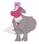  anthro anuv balls big_breasts breasts canid canine clothed clothing gynomorph hair hand_on_breast hi_res huge_breasts intersex mammal purple_hair simple_background solo thick_thighs wyszeniega 