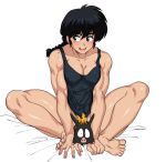  1boy black_hair black_shirt blue_eyes bottomless braid convenient_censoring highres looking_to_the_side male_focus manboobs nekogohan96 on_bed open_mouth p-chan pig ranma_1/2 saotome_ranma shiny shiny_skin shirt simple_background single_braid sitting solo tank_top white_background 
