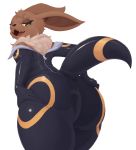  anthro big_butt bodysuit brown_eyes brown_fur butt clothing dummy_thicc eevee eeveelution female fur half-closed_eyes hi_res holding_butt huge_butt looking_back neck_tuft nintendo open_mouth pata pok&eacute;mon pok&eacute;mon_(species) rear_view rubber simple_background skinsuit solo tan_fur thick_thighs tight_clothing tuft umbreon video_games zipper 