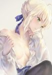  ahoge artoria_pendragon_(all) black_legwear blue_ribbon blue_skirt braided_bun breasts cleavage collarbone dress_shirt fate/stay_night fate_(series) green_eyes hair_ribbon head_tilt highres hisakata_souji open_clothes open_shirt pantyhose ribbon saber shirt short_hair sidelocks silver_hair simple_background sitting skirt small_breasts solo tied_hair white_background white_shirt 