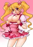  blonde_hair breasts choker cure_peach drill_hair earrings fresh_precure! hair_ornament jewelry large_breasts long_hair magical_girl masakichi_(heppouku) momozono_love nipples no_panties pink_eyes precure pussy ribbon smile solo twintails 