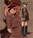  1girl adjusting_headwear artist_name black_bow black_footwear black_neckwear blonde_hair boots bow brown_eyes brown_jacket closed_mouth commentary erwin_(girls_und_panzer) girls_und_panzer goggles goggles_on_headwear green_headwear half-closed_eyes hands_in_pockets hat jacket long_sleeves looking_at_viewer military_hat military_jacket multiple_views ooarai_school_uniform open_clothes open_jacket peaked_cap pointy_hair school_uniform short_hair signature smile solo standing tessaku_ro 
