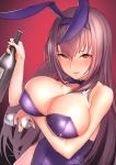  1girl animal_ears arm_under_breasts bare_shoulders blush bottle bow breasts bunny_day bunny_ears bunny_girl bunnysuit cleavage cup detached_collar drinking_glass fake_animal_ears fate/grand_order fate_(series) highres itaco1987 large_breasts leotard long_hair looking_at_viewer parted_lips purple_hair red_background red_eyes scathach_(fate)_(all) scathach_(fate/grand_order) smile solo wine_bottle wine_glass wrist_cuffs 