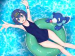  1girl arms_up bare_arms bare_shoulders blue_eyes blue_hair blue_swimsuit breasts collarbone commentary_request eyebrows_visible_through_hair from_above gen_7_pokemon hair_between_eyes hair_ornament hairband highres in_water innertube looking_at_viewer lying navel one-piece_swimsuit pokemon pokemon_(creature) pokemon_(game) pokemon_sm rocha_(aloha_ro_cha) short_hair small_breasts solo suiren_(pokemon) swimsuit water 