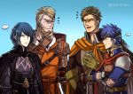  armor blue_eyes blue_hair brown_hair byleth_(fire_emblem) byleth_(fire_emblem)_(male) cape father_and_son fire_emblem fire_emblem:_path_of_radiance fire_emblem:_three_houses gloves greil gzei headband ike_(fire_emblem) long_hair male_focus multiple_boys open_mouth short_hair simple_background smile upper_body white_background 