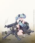  1girl ammunition_belt backpack bag baggy_clothes bangs black_footwear blue_coat blue_eyes blue_hair boots breasts brown_legwear character_name closed_mouth coat combat_knife damaged frown full_body girls_frontline gun hair_bobbles hair_ornament highres holding holding_gun holding_weapon holster knife load_bearing_equipment looking_away m1895_cb_(girls_frontline) machine_gun off_shoulder official_art open_clothes open_coat pouch purple_eyes short_hair sidelocks sitting socks solo torn_clothes trench_coat twintails walking weapon x_hair_ornament 