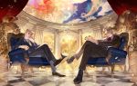  2boys blonde_hair blue_eyes blush braid chair dio_brando earrings father_and_son formal giorno_giovanna gold_experience highres jewelry jojo_no_kimyou_na_bouken long_hair looking_at_viewer male_focus multiple_boys necktie phantom_blood picube525528 pompadour short_hair stand_(jojo) stardust_crusaders suit the_world tuxedo vampire vento_aureo 