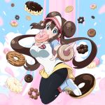  1girl black_legwear blue_eyes blush breasts brown_hair double_bun doughnut food food_in_mouth full_body hair_bun looking_at_viewer low_twintails mei_(pokemon) outstretched_arm pantyhose pokemon pokemon_(game) pokemon_bw2 shioiri shirt shorts solo twintails visor_cap 